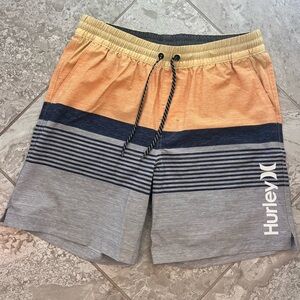 Hurley Men's Orange and Gray Striped Hybrid Swim Shorts, size L
